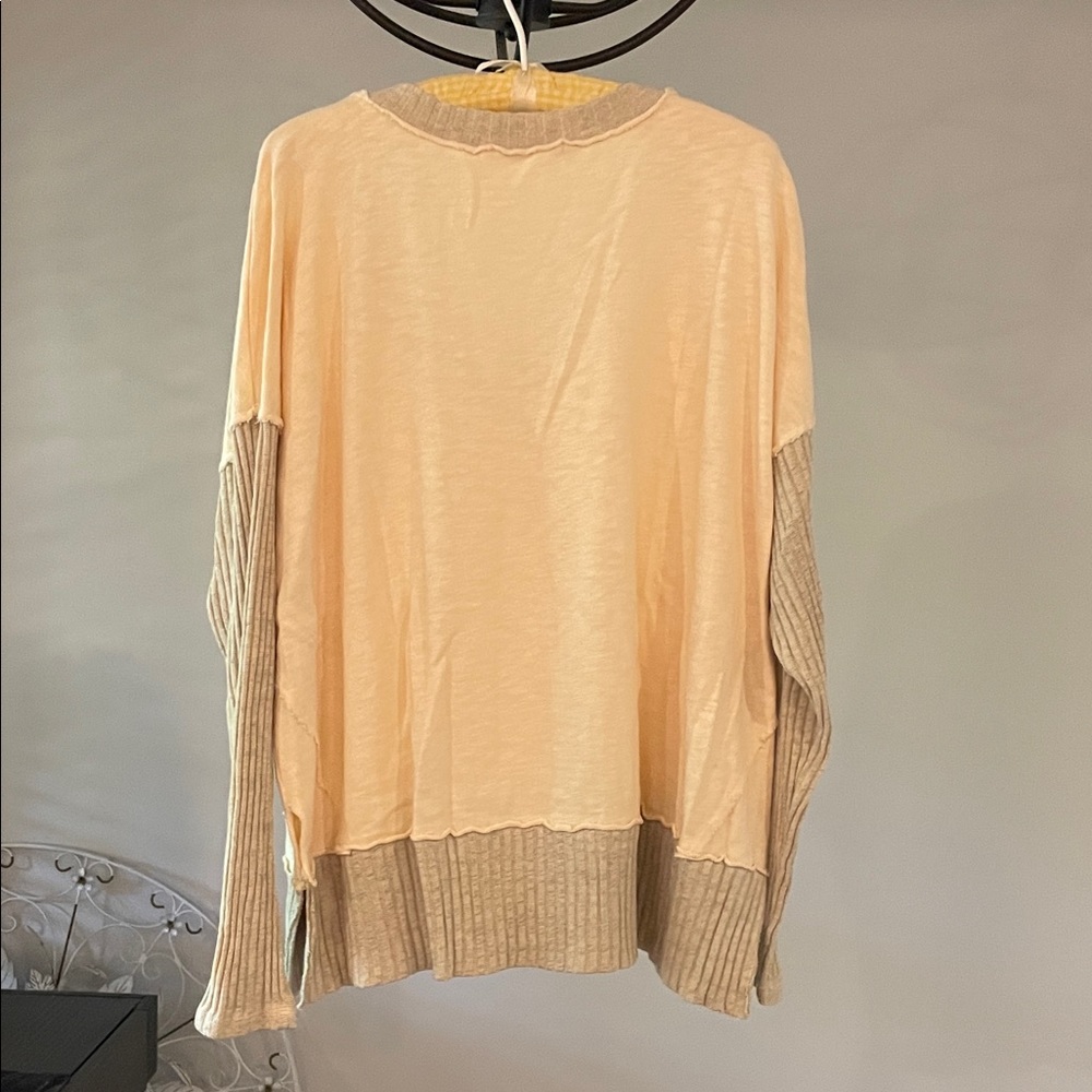 Project Social Women's Cream and Tan Cotton Relaxed Fit Drop Shoulders Top - Picture 3 of 9